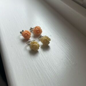 Salmon pink and vanilla yellow clip-on rose earrings
